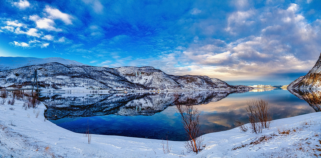 Landscape view across Tromso fjord, Norway.
